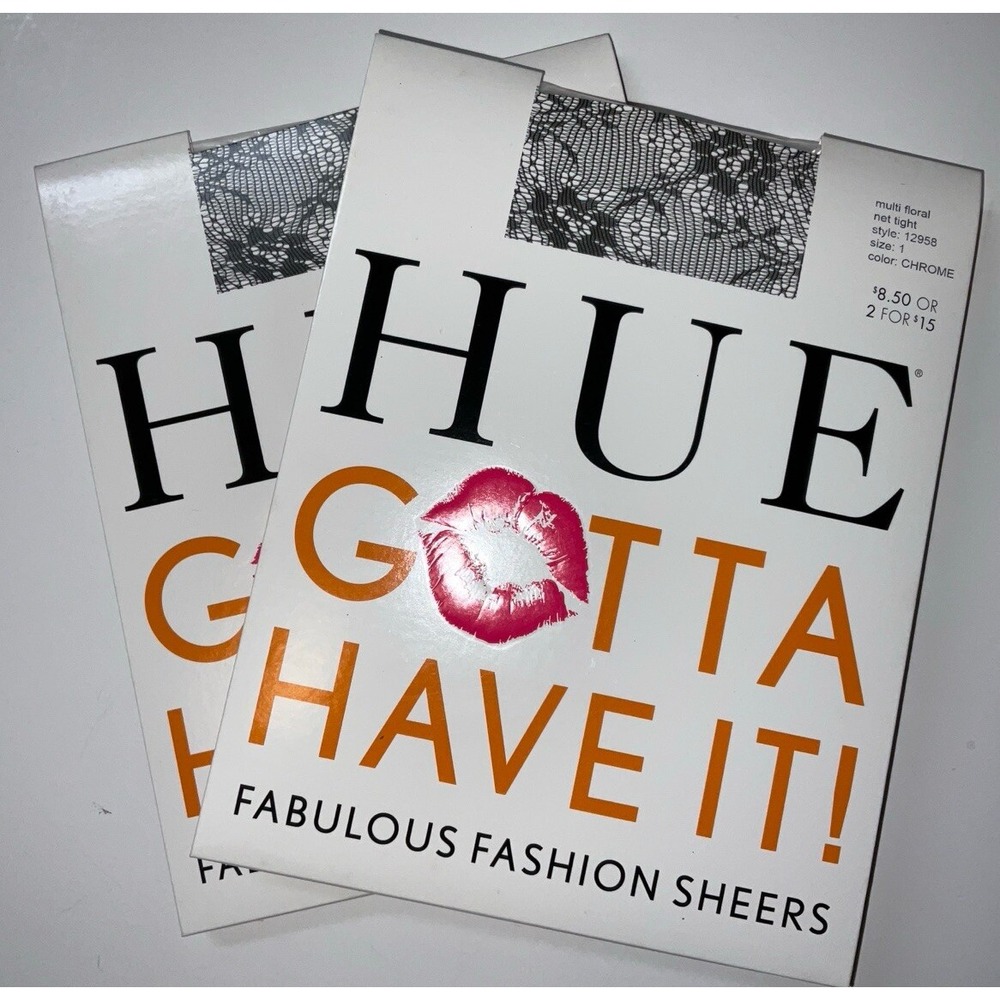 NIP 2 Pairs HUE Gotta Have It! Control Top Tights Floral Net Chrome Gray Size 1‎